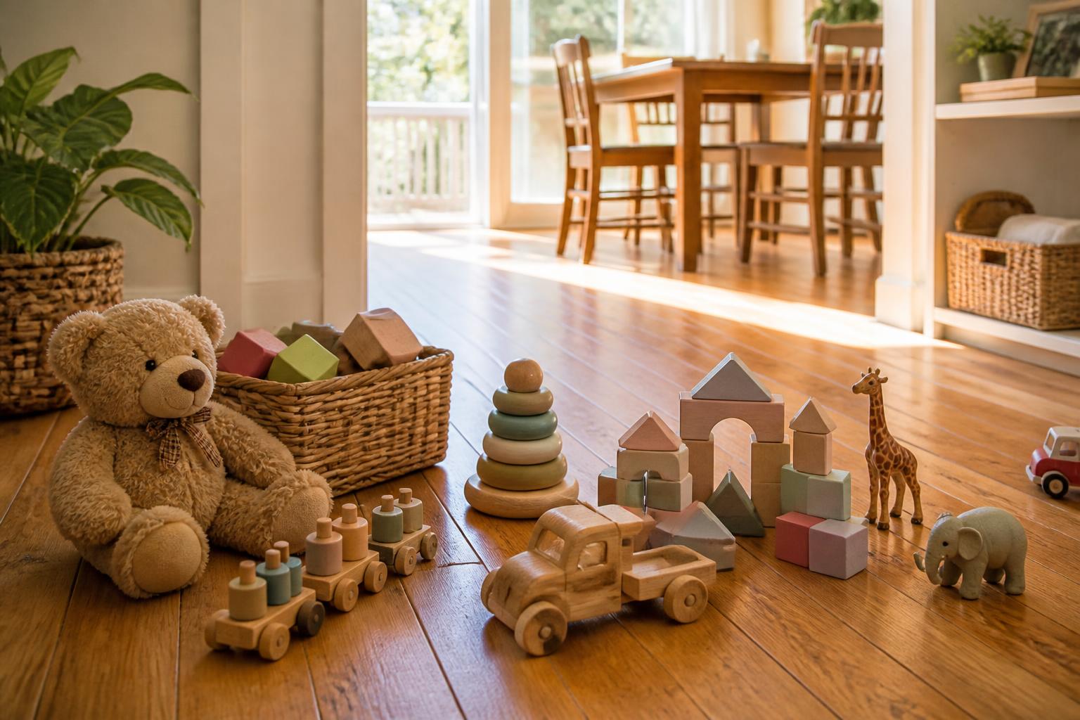 A collection of pre-loved children's toys on a warm background